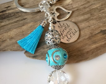 Keychain, Beaded keychain, boho crystal Silver, Blue tassel keychain, Inspirational Keychain, Gift Keychain, Fun keychain