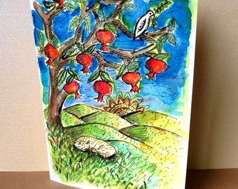 Ginger Cat, Pomegranate Tree and a Peace Dove, Hand Painted Card, Rosh Hashanah, Bar Mitzvah Card, Jewish Cat art, Jewish Wedding Card