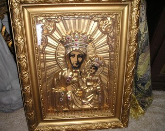 Vintage Religious Our Lady of Czestochowa/Black Virgin Shadow Boxed.Ornate Wooden Framed Polish Church Icon.