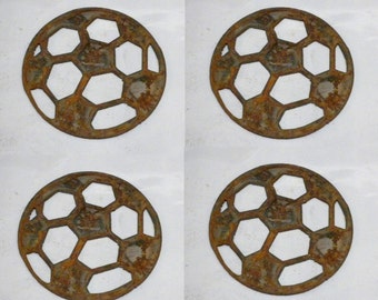 Lot Set of 4 Rusty 4 inch Soccer Ball Shapes Vintage Antique Metal Art Ornament Craft Stencil Sign