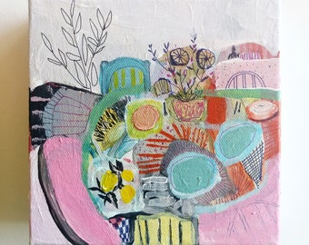 Teal Chair + Pancake - abstracted mixed media still life- 6x6
