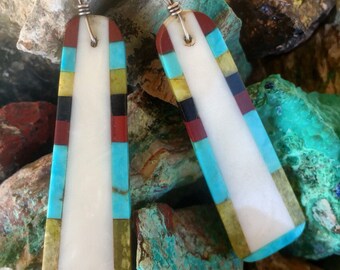Vintage Native American Indian earrings, Santo Domingo Indian earrings, Vintage turquoise inlay slab earrings, turquoise earrings