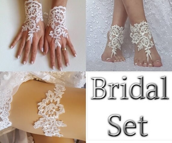 Bridal set ivory garter bridal gloves beach wedding barefoot sandal lace shoe best 2018 wedding summer wedding beach bridal boho