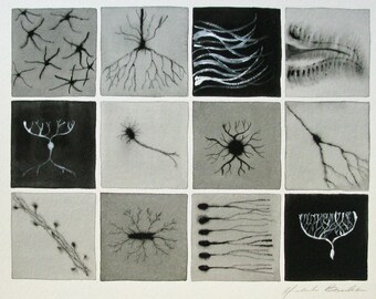 Black and White Brain Cells - original watercolor painting - neurons