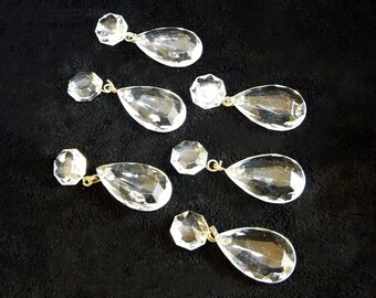 6 Perles de verre, Pampilles de lustre ancien, assemblées, percées, pour Création de bijoux, pendentifs et déco, vintage français années 30