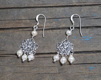 Sterling Silver Filigree Flower, Fresh Water Pearl Earrings