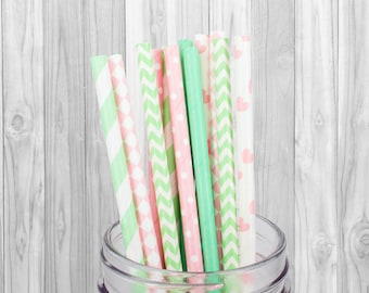 Pink & Green Paper straws - Party Supplies Birthday Party decorations - Wedding - Baby Shower - Mason Jar Straws - Baptism - 25 pcs