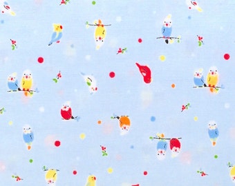Lecien Japan - Minny Muu Parakeets Love Birds in Blue - Kawaii Japanese Import Fabric - Spring 2015 - OOP HTF