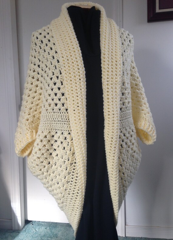 Crochet Granny Square Cocoon Sweater Cardigan Shrug in Cream
