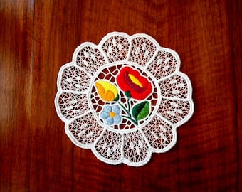 Handmade 4" cutwork embroidery doily. Richelieu lacework with Hungarian, Kalocsa-style floral motif.