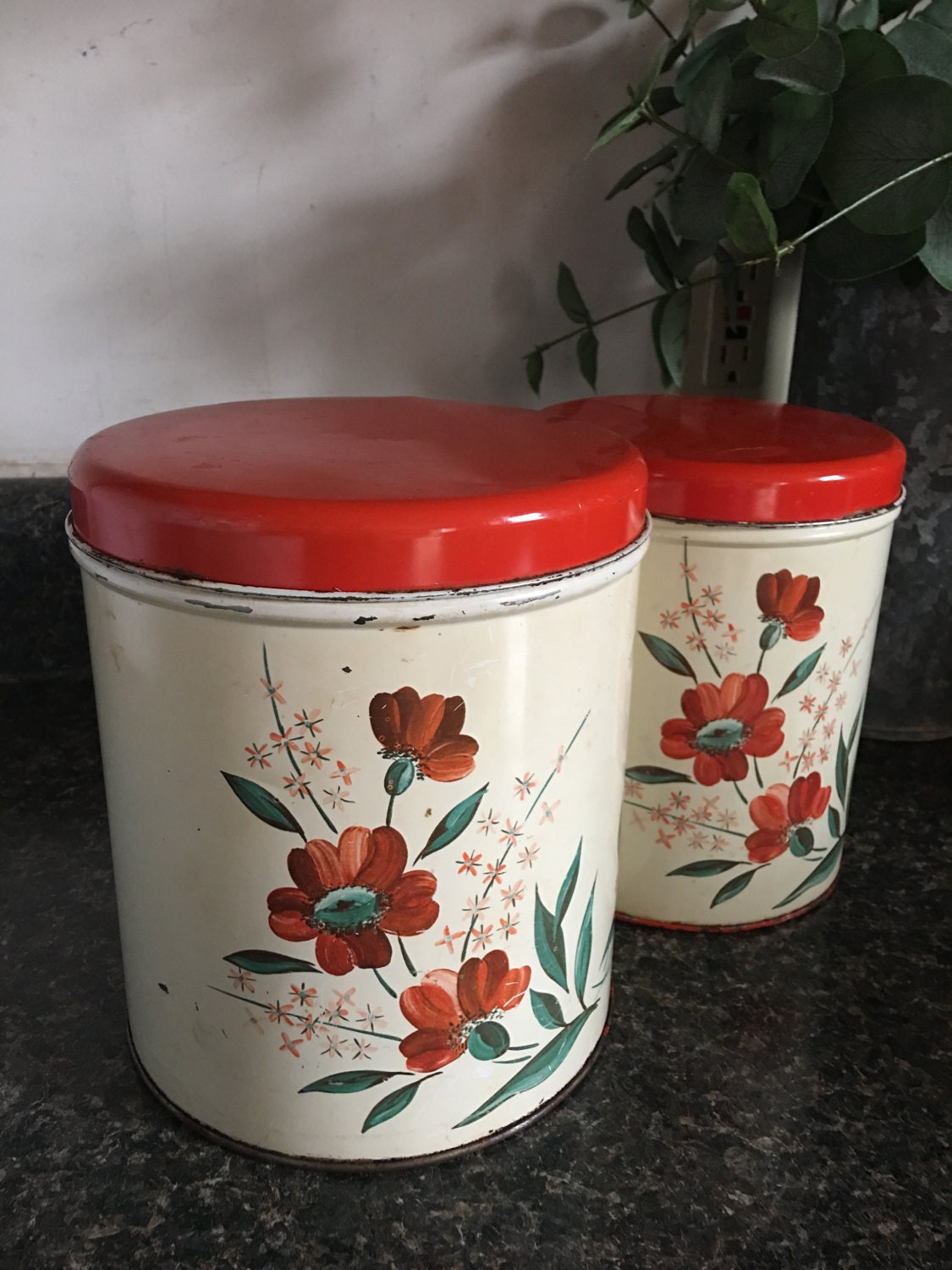 NC Colorware Kitchen Canisters Red and White Floral 1950s