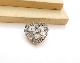 Vintage Cal-Art Sterling Silver Rhinestone Four Leaf Clover Heart Brooch Pin N35