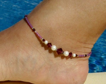 Anklet, ankle bracelet, Swarovski Amethyst Anklet, Swarovski Pearl Ankle bracelet, Crystal Beach Anklet