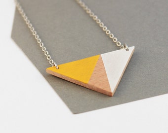Wooden triangle geometric necklace - sunny yellow, white, natural wood - minimalist, modern jewelry