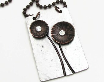 Metalwork Necklace with Mixed Metal Copper Flowers and Rivets - Cold Connection Hand Stamped Necklace - Aluminum and Copper (104)