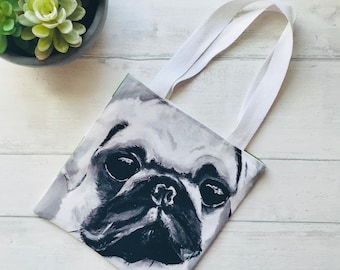 Small tote bag, Pug gift, Pug tote, Tote bag, Pug handbag, Book bag, Lunch bag, Gift for her, Gift for daughter.