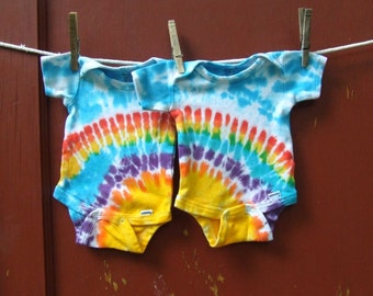 Tie Dye Baby Onesies - Twin Set of 2 - Rainbow Sunshine - newborn, 6m, 12m, 18m, 24m - Made to Order