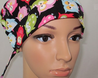 Sleepy Owl, Surgical Scrub Hat,OR Nurses Hat, Chemo Hat, Women's Surgical Scrub Hat,Vet, Biker