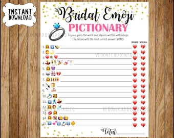 Bridal Shower Game Pictionary, EMOJI Pictionary, Coral and Gold, Instant Printable Digital Download, diy Bridal Shower Printables