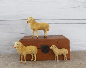 Vintage Lot of 3 German Putz Stick Leg Sheep, Vintage Easter/Christmas Decoration, Vintage German Sheep, Vintage German Lamb