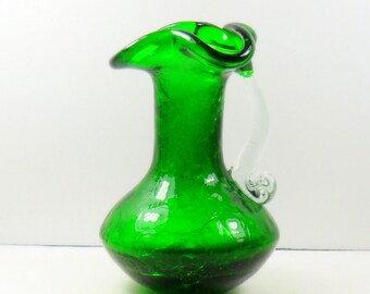 Sale Forest Green Blown Crackle Glass Pitcher Crimped Edge Applied Handle Pontil