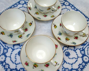 Set of 4 EnglishTeacups and Saucers, "Rose Pansy", Crown Staffordshire, Bone China