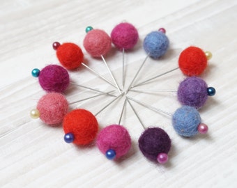 Felted 12 pins wool ball natural white beige eco brown dozen multicolor felt needlecraft sewing accessory red pink blue green yellow orange