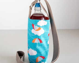 Umbrella Water Bottle Holder, Clouds Water Bottle Sling, Crossbody, Blue, Red, Orange, and White Cotton Fabrics, Handmade
