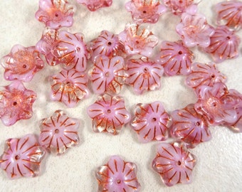 Czech Flower Beads, 12mm Wide Bell Flower Bead Caps, Czech Glass Flower Beads, Two Tone Pink Flower Bead Cap (BC/RJ-2366) Qty. 12