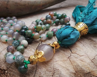 Mala necklace. Mala 108. Gemstone mala necklace. Hand knotted mala necklace. Yoga jewelry. Indian agate mala necklace.