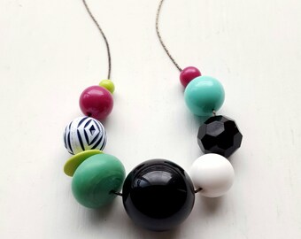fashion pirate necklace - vintage remixed lucite - teal, magenta, chartreuse, black necklace - chevron - black and white design