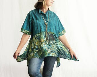 Plus size, Upcycled Hawaiian shirt, Boho tunic top, FREE SHIPPING, lagenlook, Womens exotic print, cotton tunic top, animal print, artsy