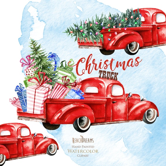 Watercolor Christmas Truck Vintage Red Pickup Pine Tree