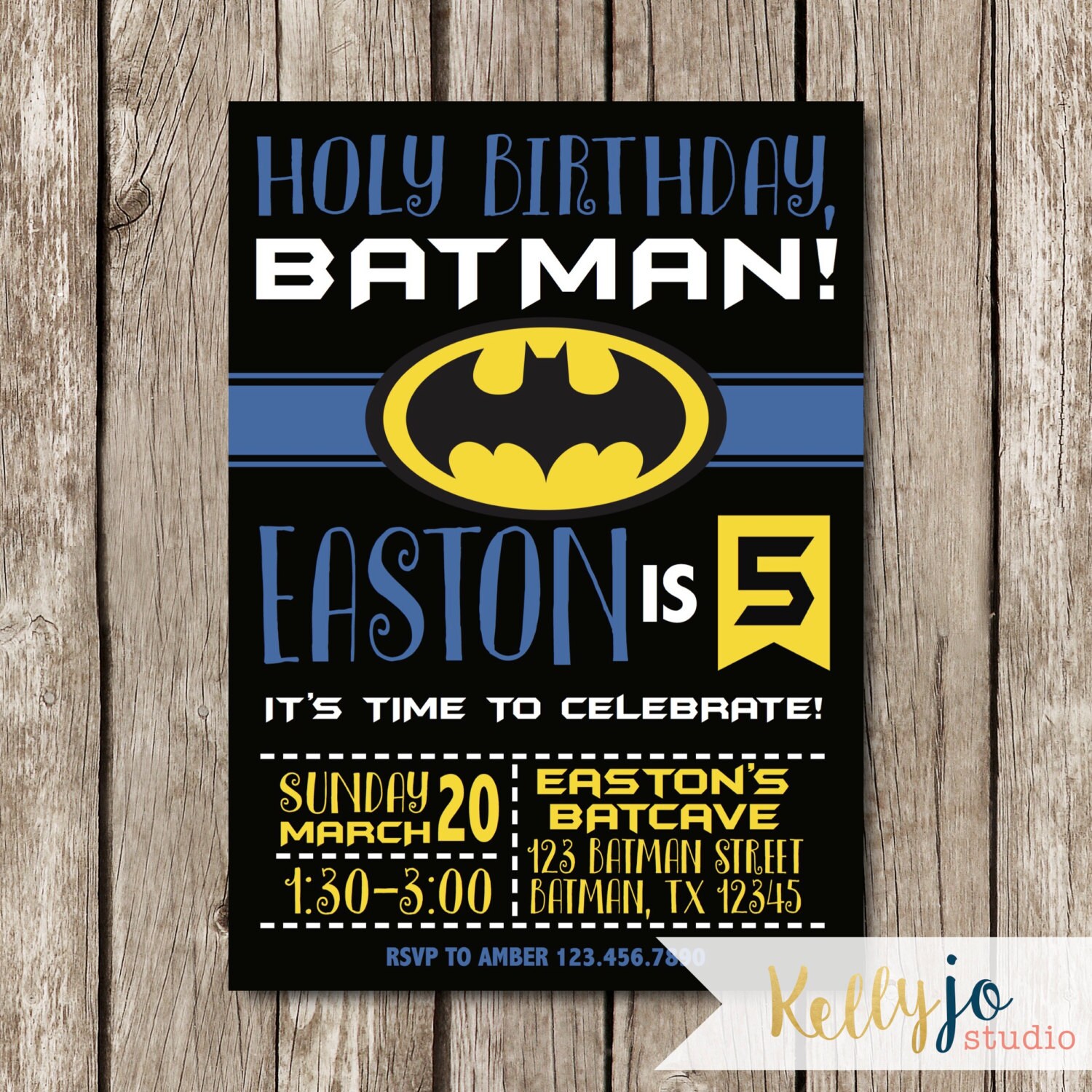 Batman Birthday Party Invitation Yellow Black and Blue