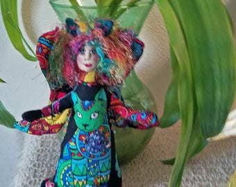 Funky, whimsical fiber sculpted CAT ANGEL, silk face