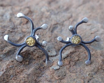 sterling silver vine flower stud earrings - oxidized studs with 24k gold leaf - post earrings - handmade jewelry oxidized silver jewelry