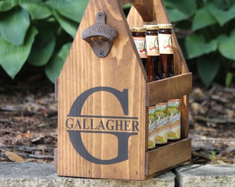 BEER Tote with removable ICE PACK Rustic Wood Beer Carrier Beer Caddy Personalized Bottle Opener