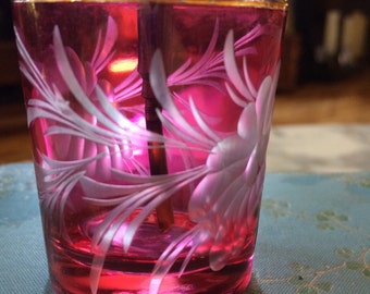 Etched Cranberry Glass Perfume Bottle