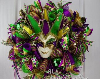 Deco Mesh Mardi Gras Wreath, Smiling Jester Mask Wreath, Carnival Wreath