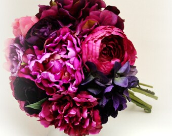 Peony & Hydrangea Bouquet - Bridal Bouquet, Dark Pink, Fuchsia, Pink, Purple, Peony Bouquet, Ruffle, Shabby Chic, Vintage Bouquet