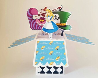 Disney Alice in Wonderland 3D pop up Personalised Greeting Card Cheshire Cat Madhatter Birthday handmade