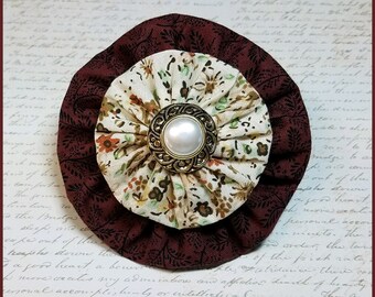 Yo-Yo Wine and Floral Vintage Style Hair Bow / YoYo Flower / Clip / Yo Yo Fabric & Button