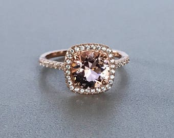 Round Cut Morganite Engagement Ring Art Deco Simulated Diamond Halo Sterling Silver Promise Wedding Ring