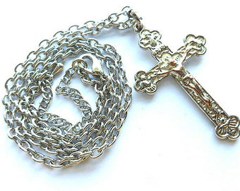 Silver & Copper Crucifix Cross, Vintage Two-tone Crucifix Cross, Crucifix Cross with Neck Chain, Silver Cross Necklace, Crucifix