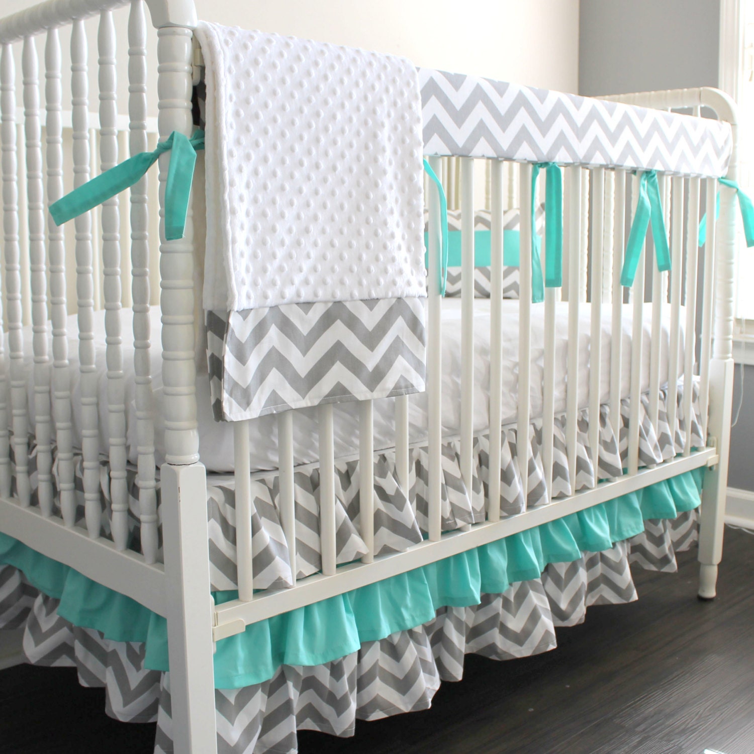 Custom Crib Bedding Gray Chevron Aqua Blue Bumperless Zoom