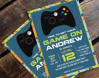 Video Game Birthday Party Invitation - Blue Camo - You Personalize EDITABLE Text At Home - INSTANT Download D.I.Y. Printable PDF Kit