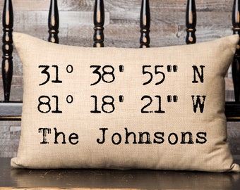 Personalized GPS Coordinate Pillow, Latitude Longitude Pillow, Location Pillow, Coordinates GPS Wedding Gift, Housewarming GPS