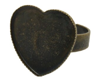 6 x Antique Bronze Love Heart Cabochon - Adjustable Ring Bases Blanks -17mm Cap/Pad - RING 12
