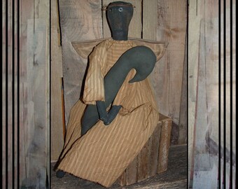 Crow Angel primitive black folk art doll fabric wings OFG HAFAIR faap handmade crow