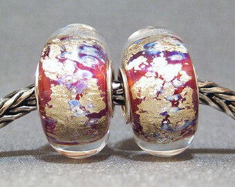 SMALL CORE Lavender, Magenta & Gold Handmade Lampwork Bead Big Hole Beads Ethereal Pair